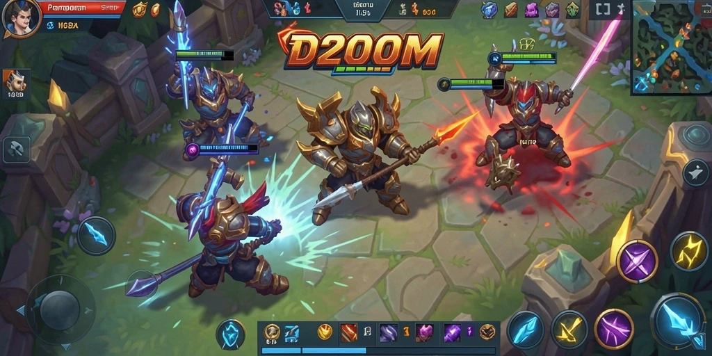 Tampilan gameplay seru D200M dalam pertempuran MOBA.