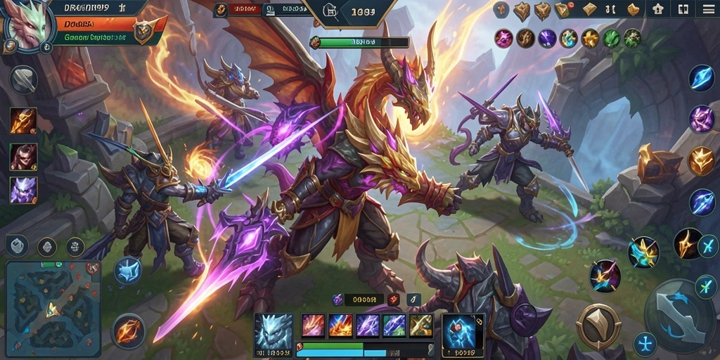 Screenshot gameplay DRAGON99 yang menampilkan pertempuran MOBA yang seru.