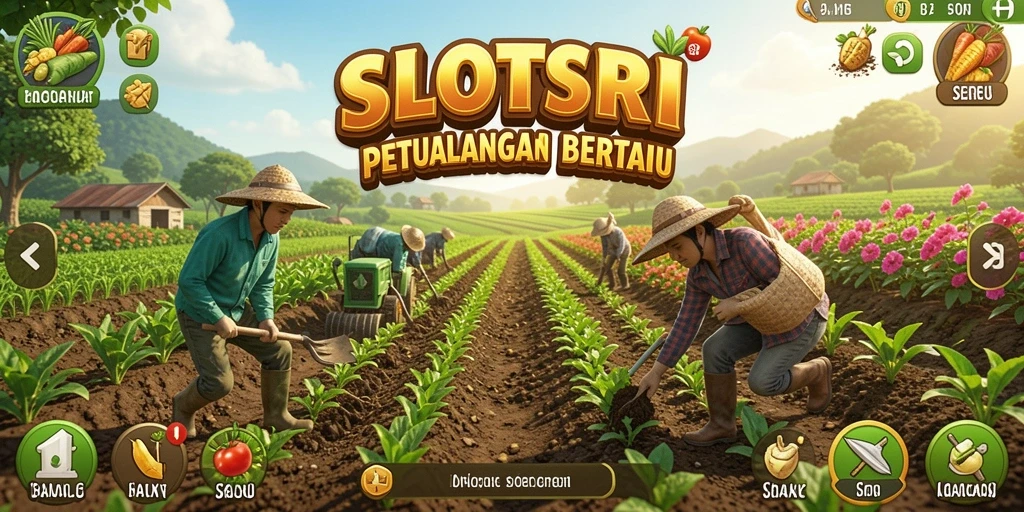 Tampilan screenshot gameplay SLOTSRI yang menunjukkan ladang yang subur dan hewan ternak.